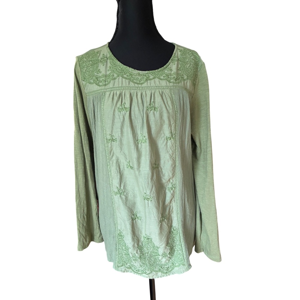 Sage Green Embroidered Long Sleeve Cotton Top M Fairy Earthy Peasant